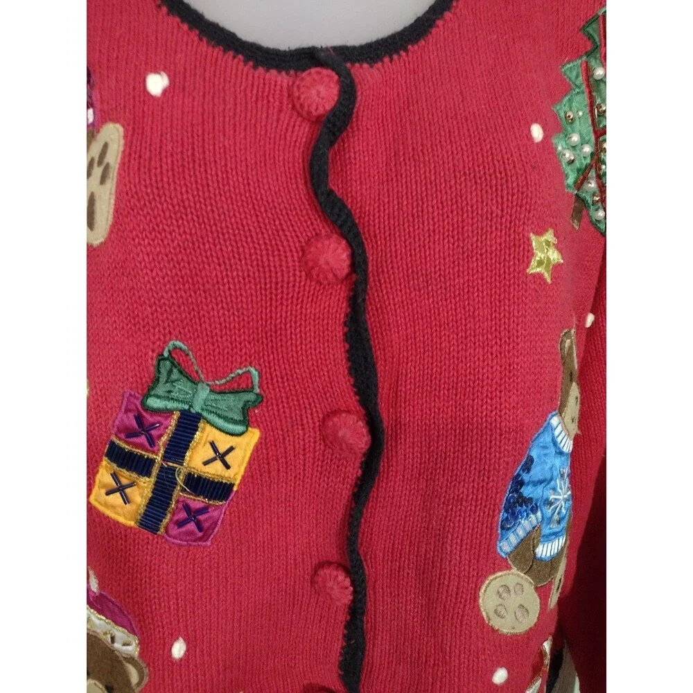 Vintage Cardigan NutCracker Ugly Christmas Women's Sweater Medium Bears & Beads